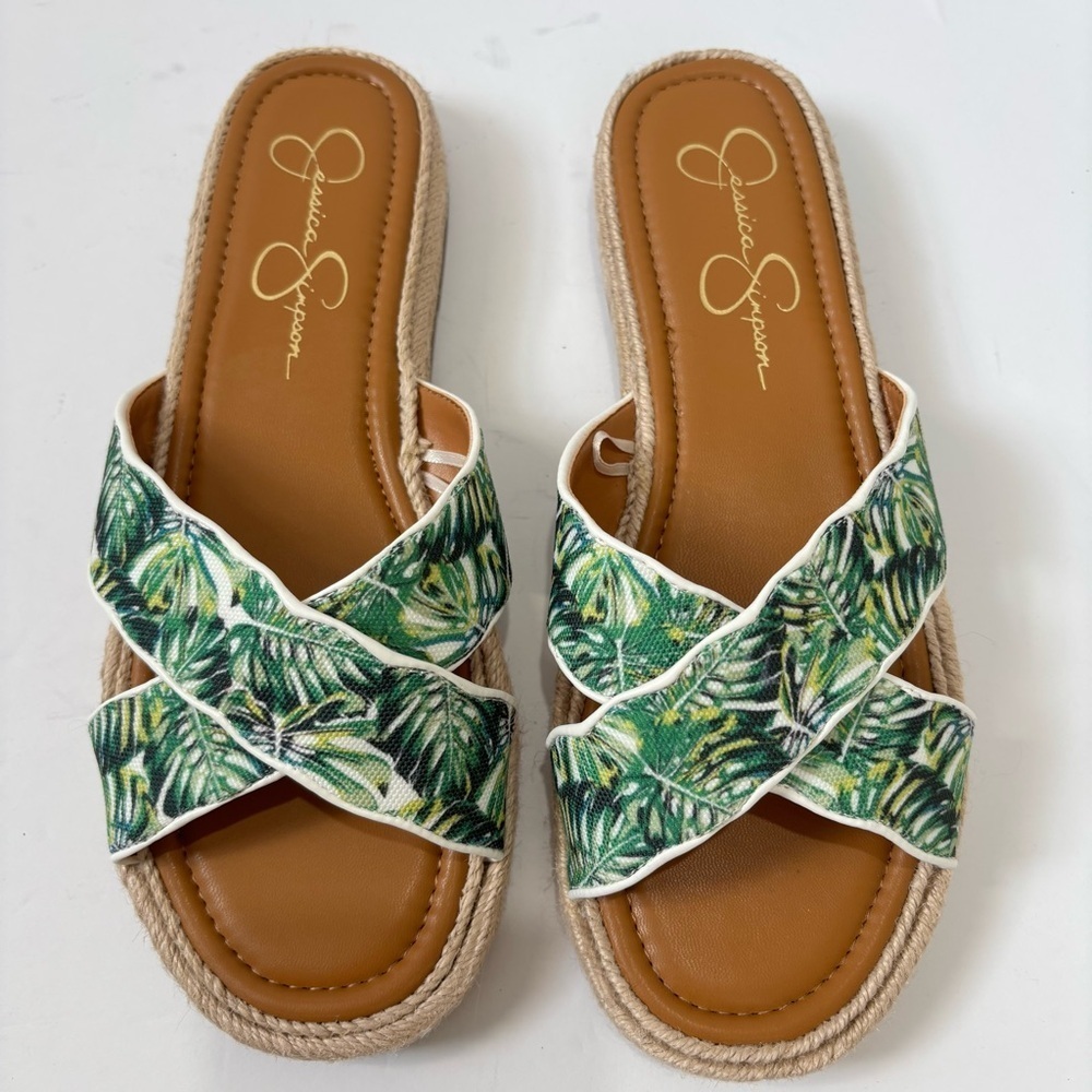 Jessica Simpson Tropical Leaf Green Tan slip on platform  Flat Slide Sandal 9.5M